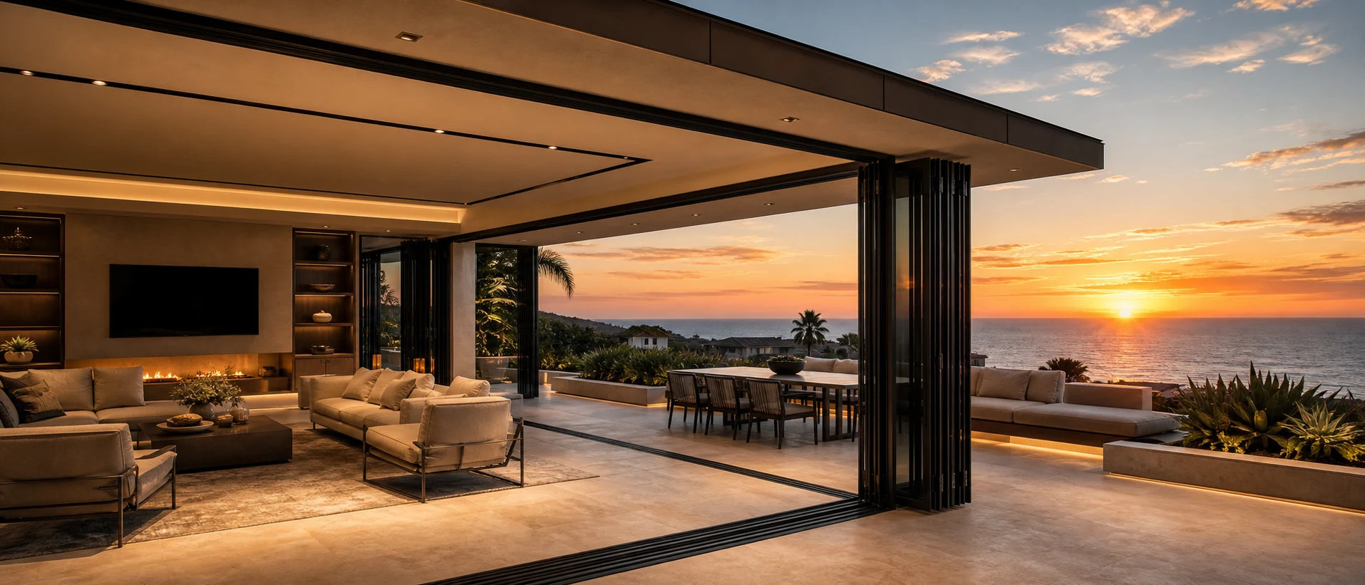 Matte black LIKI folding glass wall system fully open at a 90-degree coastal villa corner